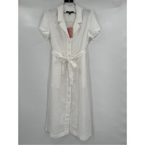 Quince White Linen Button Front Dress sz M Women's Midi A-Line Belt Short Sleeve
